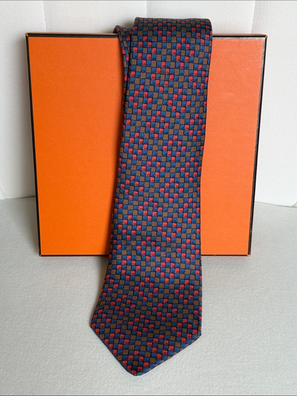 Hermès Paris Silk Tie Blue Red Geometric Check Pattern Luxury Made in France Box - Picture 6 of 6